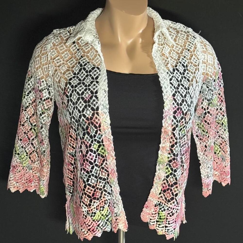 Alfred Dunner White Pastel Colored Open-Lace Crochet Cardigan
